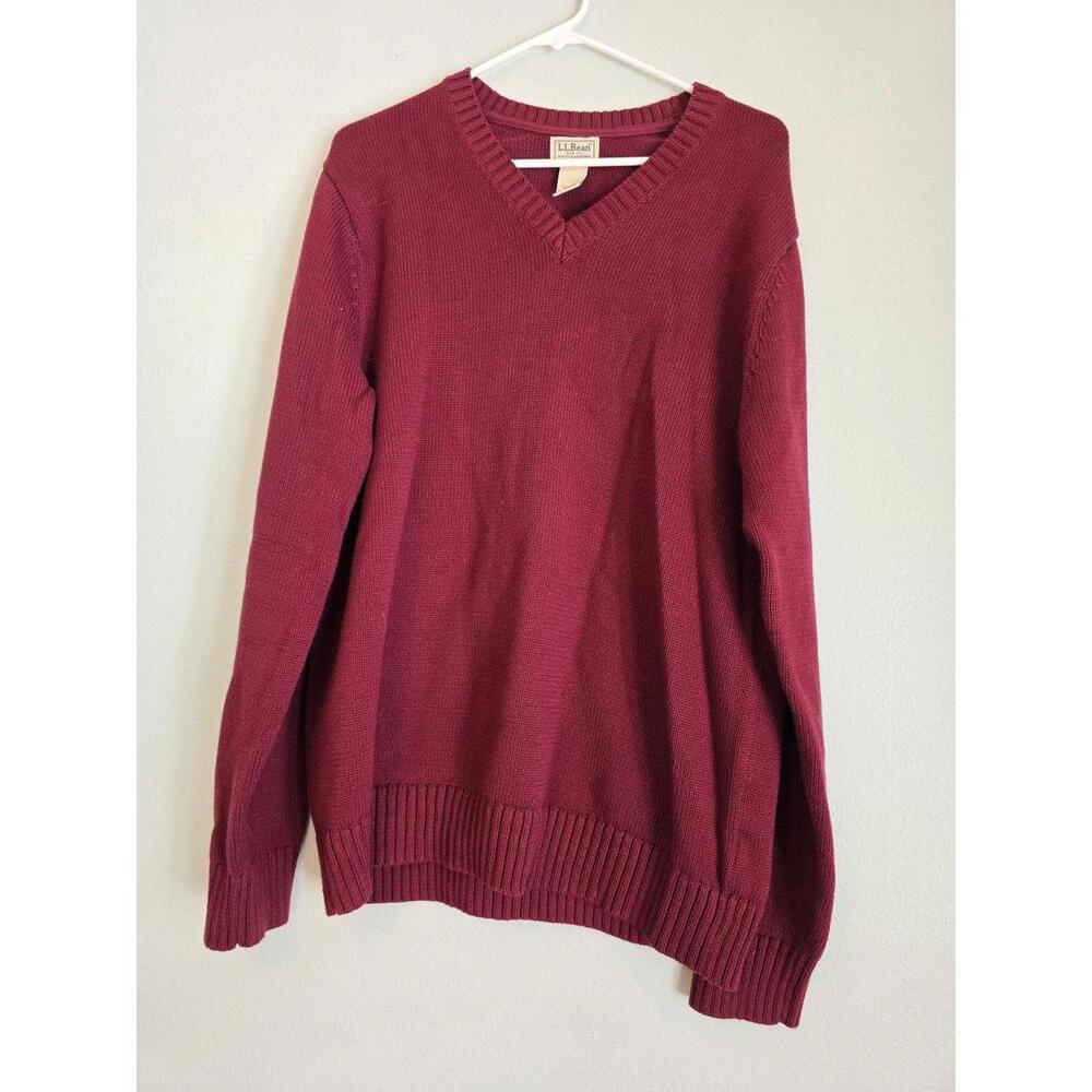 LL Bean Deep Red Mens  V Neck Casual 100% Cotton Pullover (M-Tall)